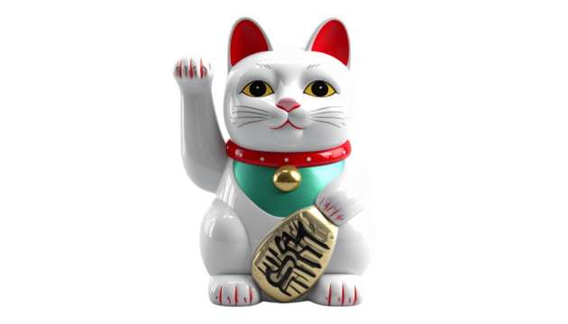 Classic White Maneki-neko with Gold Bell and Raised Right Paw, Ceramic Lucky Cat Figurine Isolated on Transparent Background, PNG
