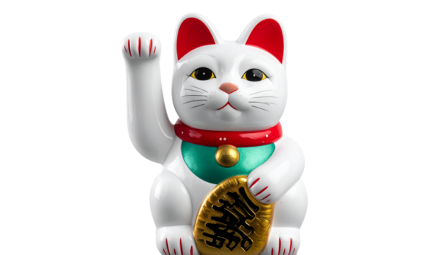 Classic White Maneki-neko with Gold Bell and Raised Right Paw, Ceramic Lucky Cat Figurine Isolated - Powered by Adobe