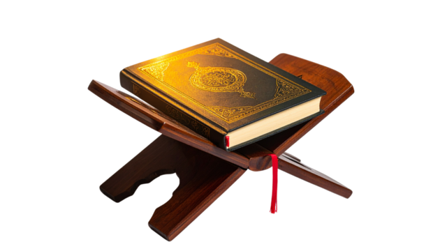 Closed Quran Resting on Decorative Stand with Gold Engraved Cover and Red Ribbon, Religious Symbolism Isolated PNG