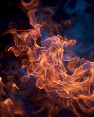 Dynamic flames with vibrant orange and blue hues creating an intense, fiery display.
