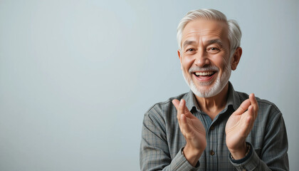 Senior man with gray hair and beard, smiling broadly while clapping hands, showcasing joy and enthusiasm in a bright, minimalistic environment with soft lighting and neutral tones