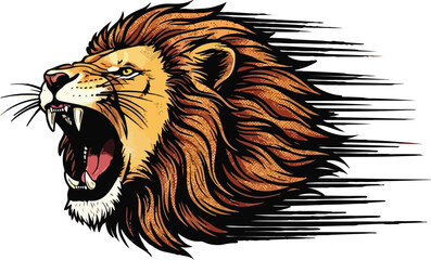 fierce roaring lion head illustration with flowing mane and speed motion lines symbolizing power, strength, and wild energy