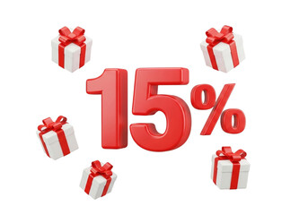 A 3d render of 15 text surrounded by gift boxes, representing a sale or promotion, isolated on transparent background