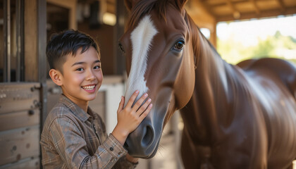 Young Asian boy smiling while gently touching a brown horse in a stable, showcasing a bond between child and animal in a warm, inviting environment