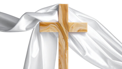 Elegant Marble Cross with White Silk Drape, Minimalist Christian Easter Symbol, Transparent Background