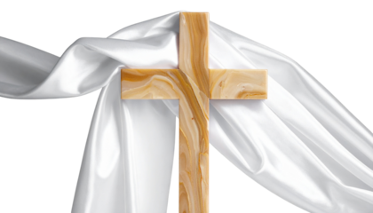 Elegant Marble Cross with White Silk Drape, Minimalist Christian Easter Symbol, Transparent Background