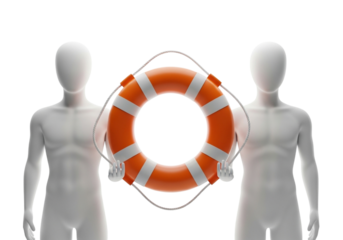 Two mannequins holding a life preserver ring, isolated on transparent background