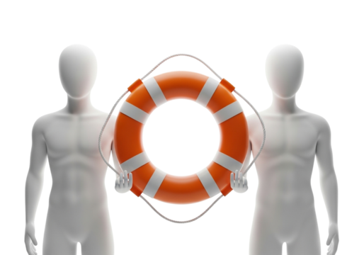 Two mannequins holding a life preserver ring, isolated on transparent background