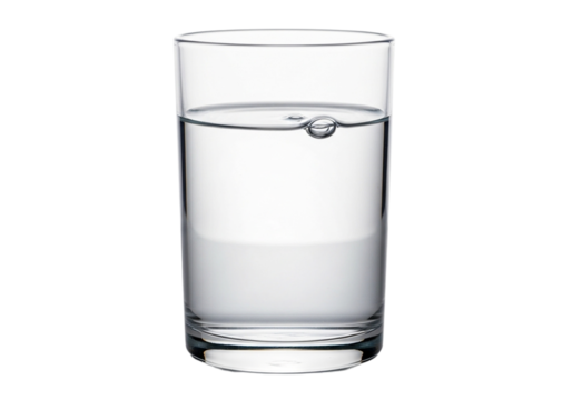Clear glass filled with water and a single bubble isolated on transparent background