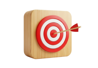 Wooden block with target and arrow hitting the center isolated on transparent background