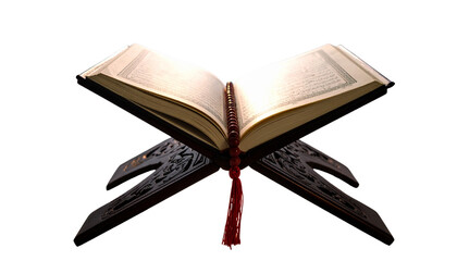 Holy Quran with Red Ribbon Bookmark and Ornate Gold Patterns, Sacred Islamic Book Isolated on Transparent Background