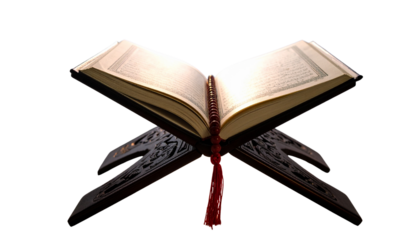 Holy Quran with Red Ribbon Bookmark and Ornate Gold Patterns, Sacred Islamic Book Isolated on Transparent Background