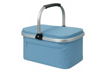 Blue insulated cooler bag with aluminum handle, portable carrying picnic basket for food and drinks on transparent background