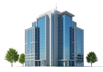 Modern glass office building with trees, isolated on transparent background