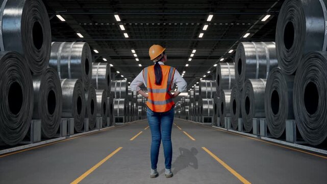 Full Body Back View Of A Female Engineer Wearing Safety Helmet Looking Around While Standing With Arms Akimbo with Stacks of Huge Metal Steel Coils in Warehouse