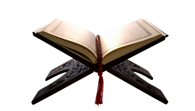 Holy Quran with Red Ribbon Bookmark and Ornate Gold Patterns, Sacred Islamic Book Isolated on Transparent Background