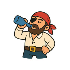 Pirate character drinking bottle. Cute pirate cartoon man illustration. Bearded sailor drinking from bottle design.