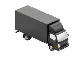 A dark gray delivery truck with a large cargo box, isolated on transparent background