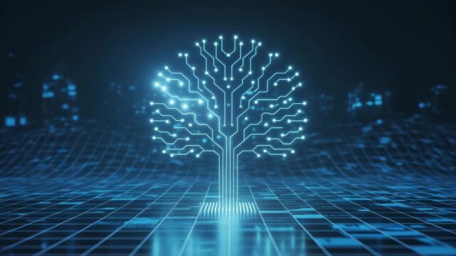 Digital Tree of Life Made of Glowing Blue Circuit Board Lines on a Grid Background technology