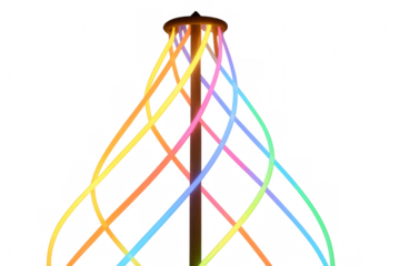 Abstract glowing neon light ribbons intertwining around a central pole, creating vibrant colorful energy lines on transparent background