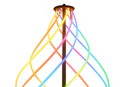 Abstract glowing neon light ribbons intertwining around a central pole, creating vibrant colorful energy lines on transparent background