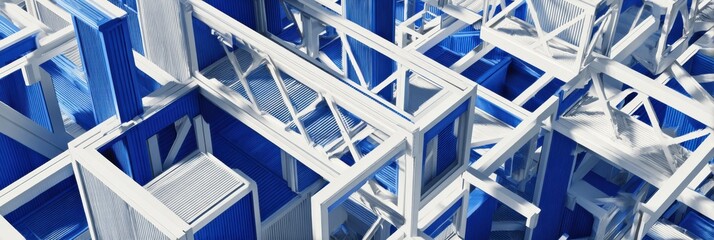 Complex arrangement of blue and white frameworks displays an innovative architectural design approach highlighting modern construction methods and materials.