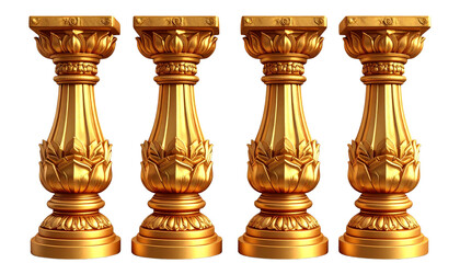 Ornate Golden Temple Columns with Intricate Carvings, Sacred Architectural Elements Isolated on Transparent