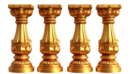 Ornate Golden Temple Columns with Intricate Carvings, Sacred Architectural Elements Isolated on Transparent
