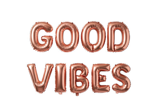Rose gold foil balloons spelling out good vibes isolated on transparent background - Powered by Adobe
