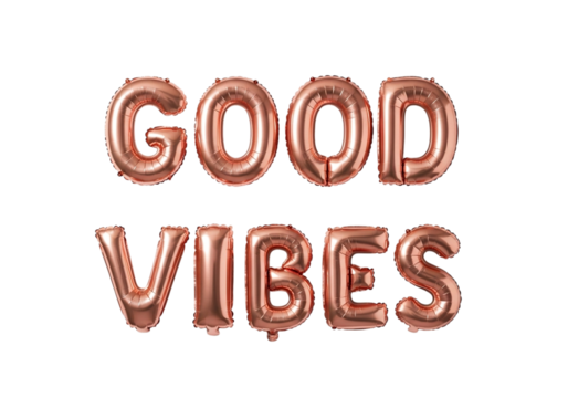 Rose gold foil balloons spelling out good vibes isolated on transparent background