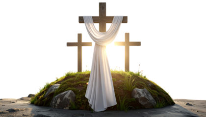 Three Easter Crosses on Hilltop with Flowing White Fabric, Sunrise Background Removed, PNG Transparent