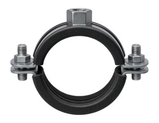 Rubber-lined pipe clamp with dual bolts for vibration dampening in HVAC systems.