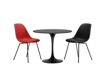 Modern dining table with two chairs, one red and one black, isolated on transparent background