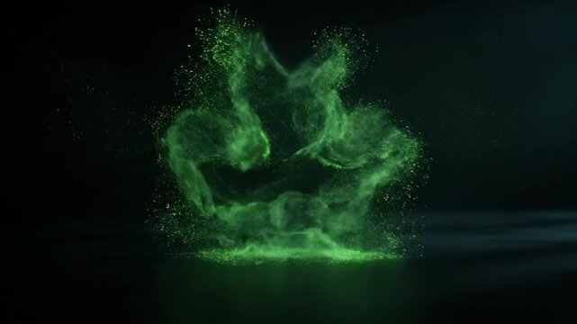 Ethereal green energy ring materializes and then slowly dissolves into particles soft light, quantum, materializes