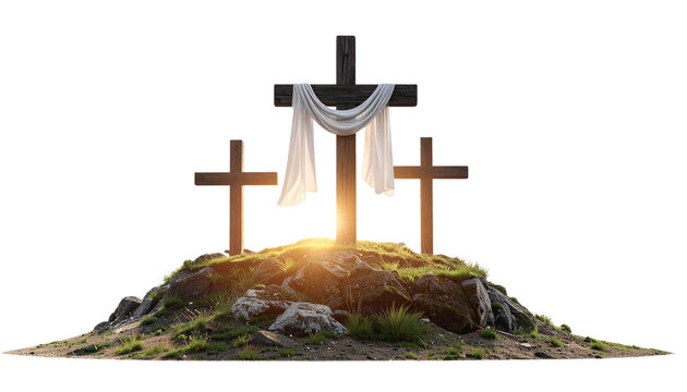 Three Easter Crosses on Hilltop with Flowing White Fabric, Sunrise Background Removed, PNG