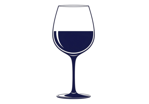 Stylized illustration of a wine glass filled with dark red wine, isolated on transparent background