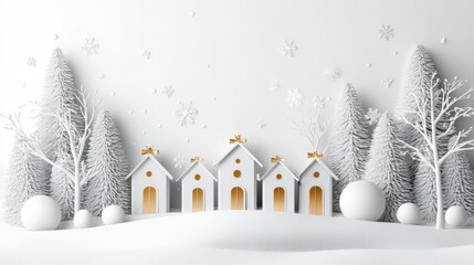 Festive Winter Scene with White Paper Houses and Golden Ornaments in a serene landscape featuring
