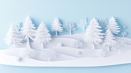 Serene winter landscape with intricate paper cutout trees and hills on soft A featuring white cutouts