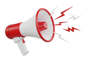 Red and white megaphone with red and white lightning bolts isolated on transparent background