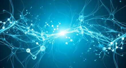 Abstract Neural Network Connections Glowing Blue with Molecular Structures