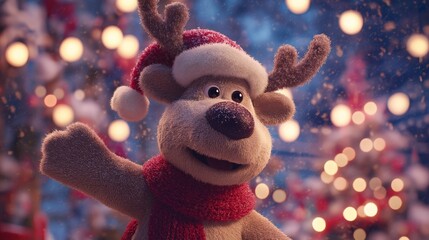 サンタの帽子をかぶった可愛いトナカイ、クリスマスの3Dキャラクター