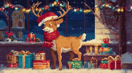 プレゼントとトナカイ、レトロなクリスマスのピクセルアート
