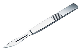A sterile surgical scalpel with a sharp blade, isolated on transparent background