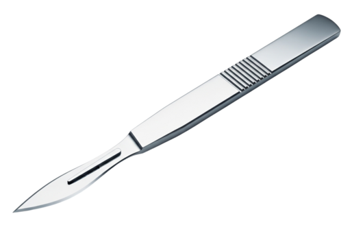 A sterile surgical scalpel with a sharp blade, isolated on transparent background