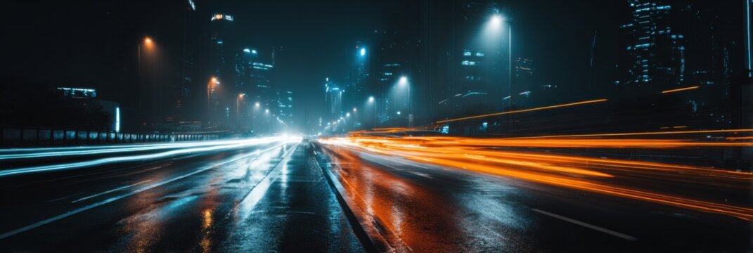 Vibrant night scene features streaks of light from vehicles on a wet road, with skyscrapers illuminated in the background, showcasing city life. - Powered by Adobe