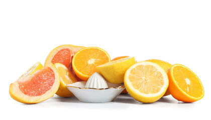 Ceramic juicer with different citrus fruits isolated on white background, closeup