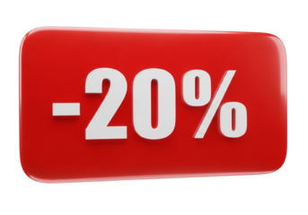 Red button with 20 discount, isolated on transparent background