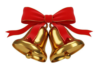 Two golden christmas bells with red ribbon bow isolated on transparent background