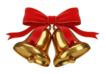 Two golden christmas bells with red ribbon bow isolated on transparent background