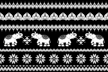 Elegant Thai traditional pattern with white elephants and intricate Kanok motifs in black and white design, symbolizing Thai heritage and luxury, ideal for textiles, wallpaper, and decorative art.